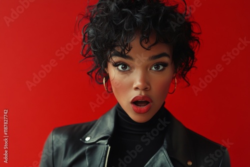 Gorgeous very startled black girl - for ads, media and internet use. Short haircut - curly hair. Commercial marketing artwork. Modern black woman. Black woman creativity. Black model artistr. photo