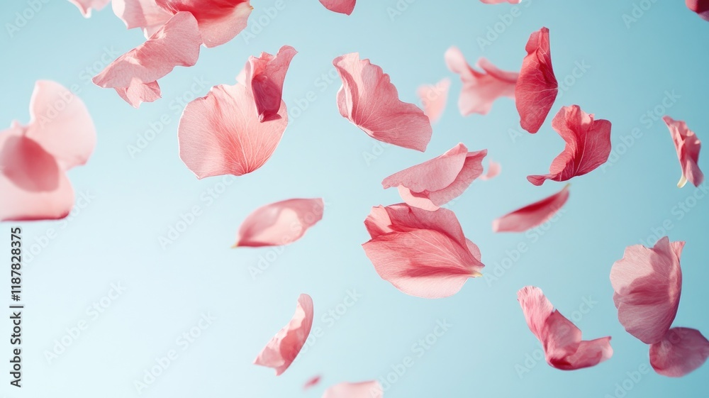 Pink petals falling gracefully against light blue sky backdrop Pink petals falling gracefully against light blue sky backdrop