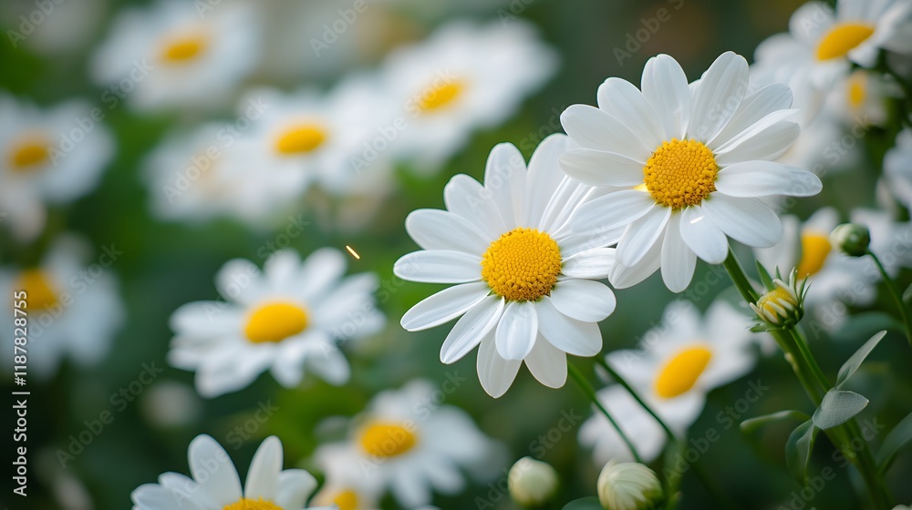 Fototapeta premium Two White Daisies Bloom Among Many Others