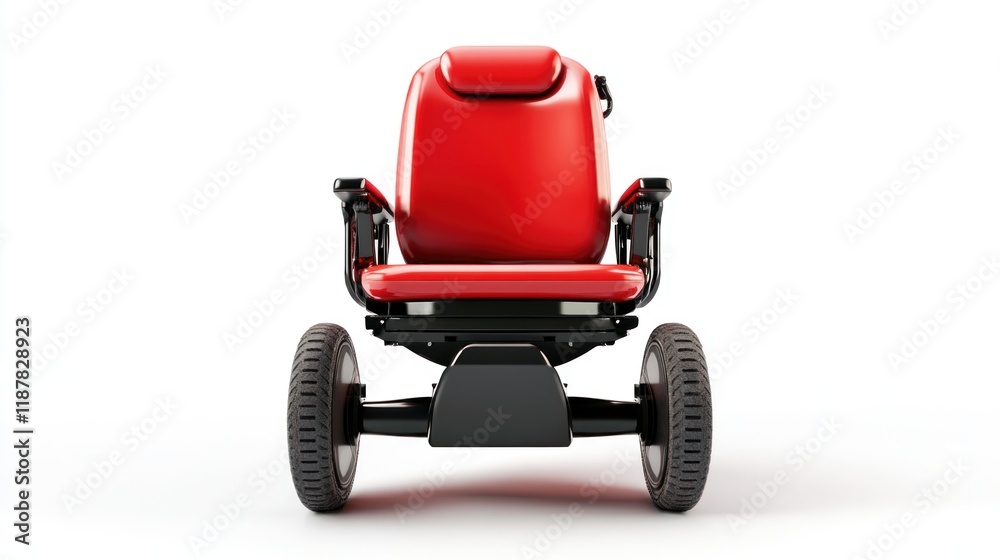 Electric wheelchair in bold red color, captured in sharp detail from the front, with studio lighting highlighting its modern features against a white backdrop Electric wheelchair in bold red color, captured in sharp detail from the front, with studio lighting highlighting its modern features against a white backdrop