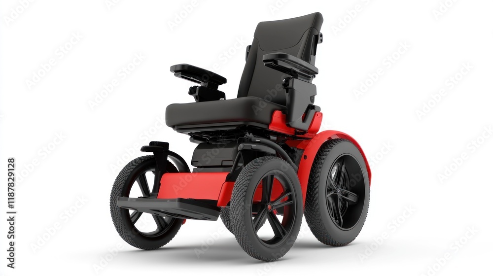 Electric wheelchair with a vibrant red frame, black cushioning, and sleek design, professionally photographed on a minimalist white background Electric wheelchair with a vibrant red frame, black cushioning, and sleek design, professionally photographed on a minimalist white background