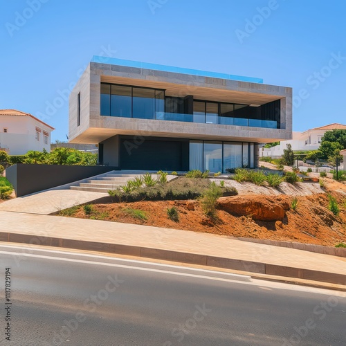 A modern building with sleek glass windows, a landscaped front yard, and a minimalist exterior, blending contemporary design with nature for an elegant curb appeal
