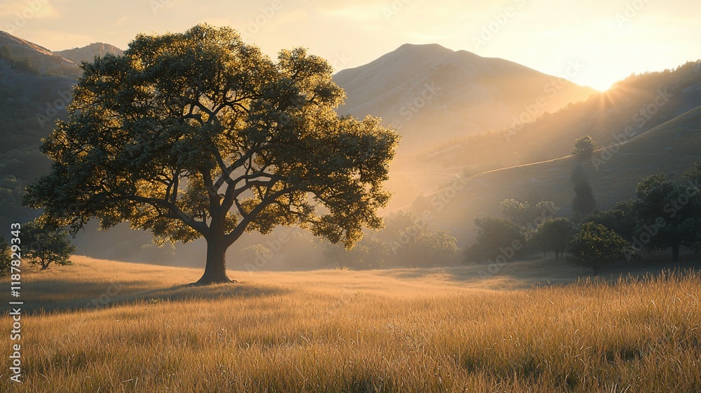Obraz premium Solitary tree in a golden field at sunset, mountains in the background.