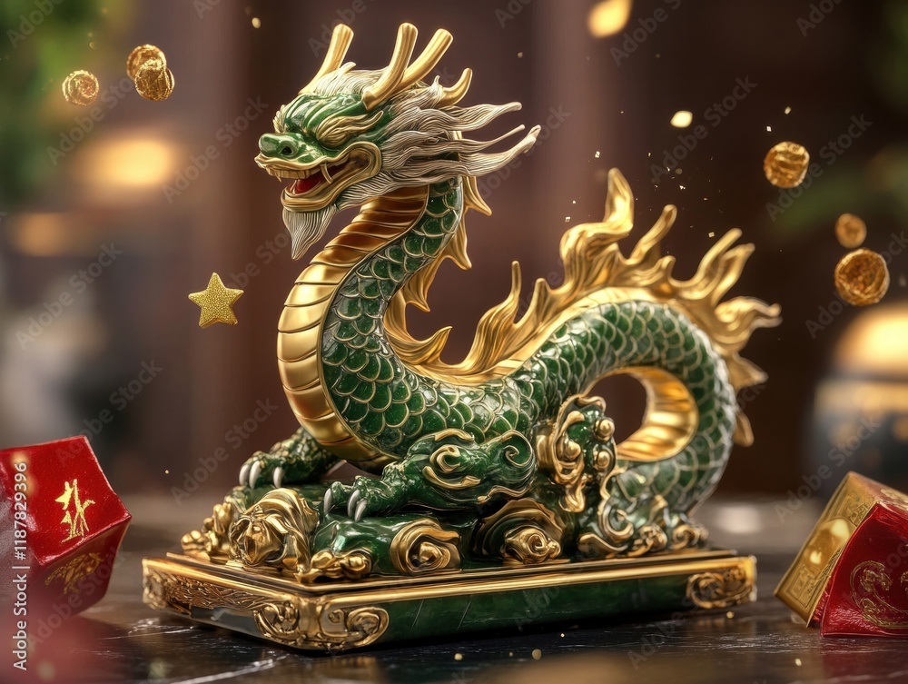 Obraz premium Jade and Gold Dragon Ornament Celebrates Celestial Guardian Concept for Chinese New Year
