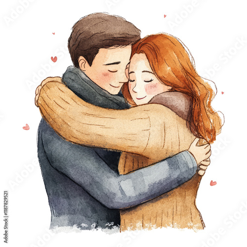 Watercolor illustration of a couple embracing with hearts isolated on white or transparent PNG