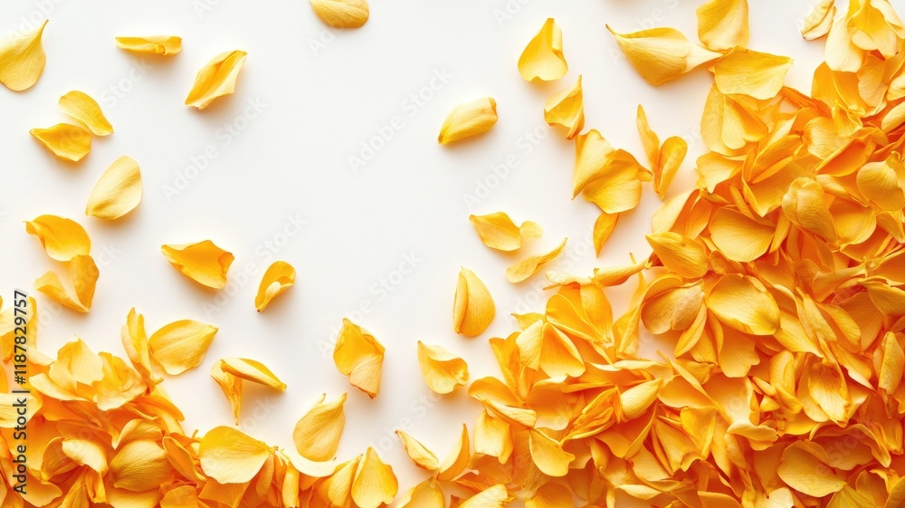 Obraz premium Yellow flower petals scattered on white background creating vibrant and elegant visual display