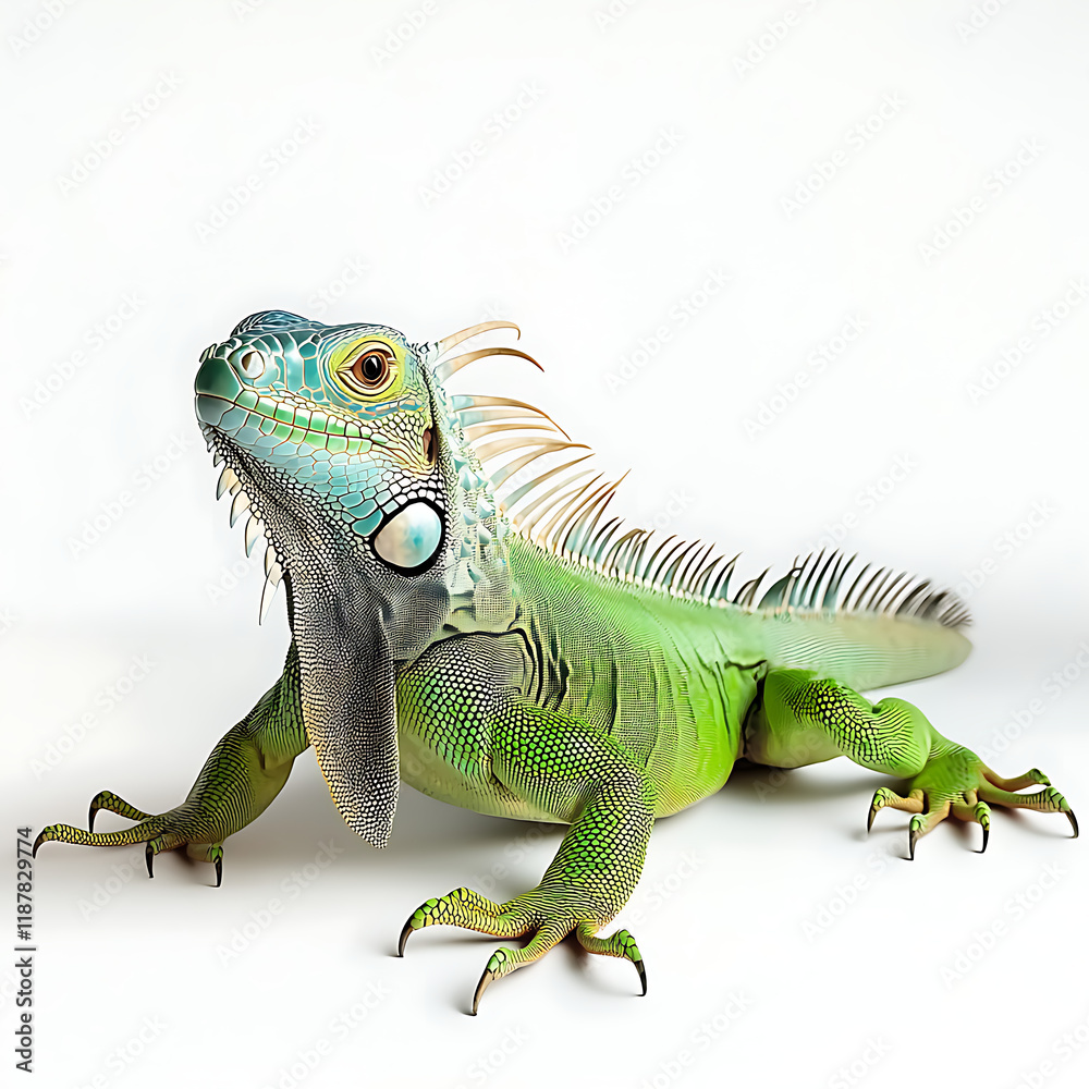 Fototapeta premium vibrant green iguana with intricate scales and striking blue face, posed elegantly against white background, showcasing its unique features and textures