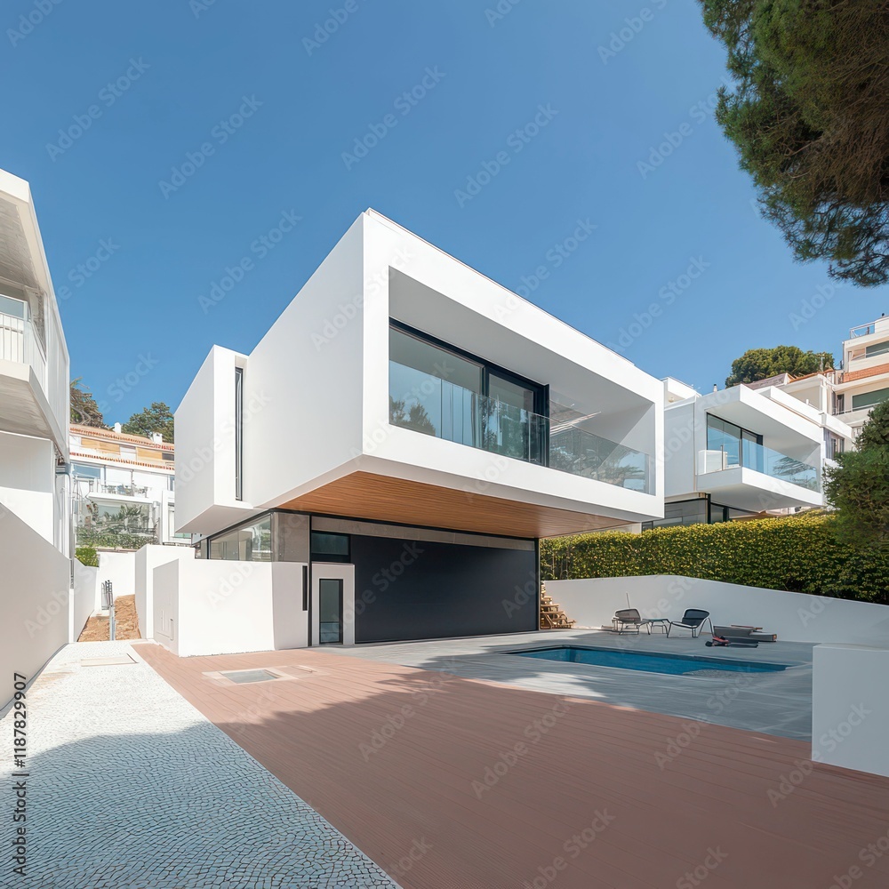 Fototapeta premium A modern luxury house with large windows, surrounded by tall palms and a lush garden, standing against a clear blue sky with sleek architectural design