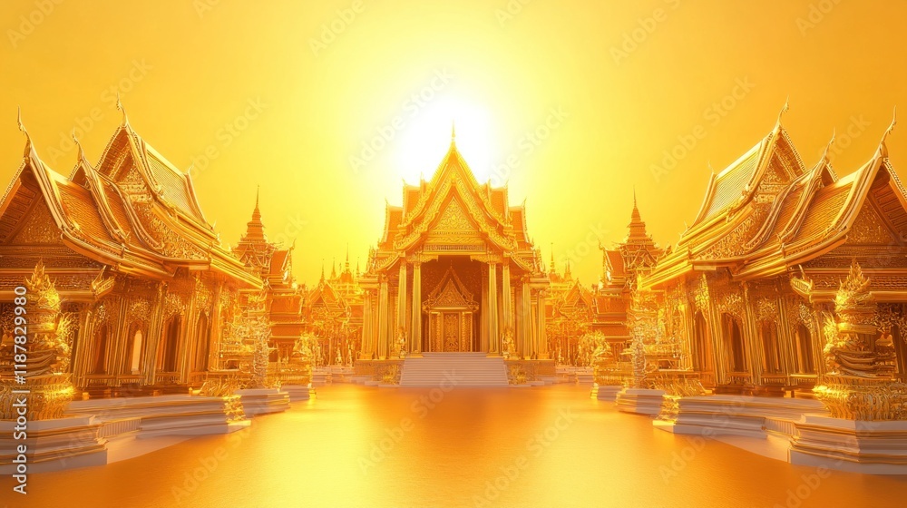 Fototapeta premium Elegant neon gold Thai palaces with detailed tiered roofs and spires, framing an empty central area on a radiant golden background