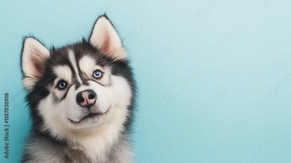 Fluffy alaskan malamute puppy with head tilt on light blue background for pet lovers Fluffy alaskan malamute puppy with head tilt on light blue background for pet lovers