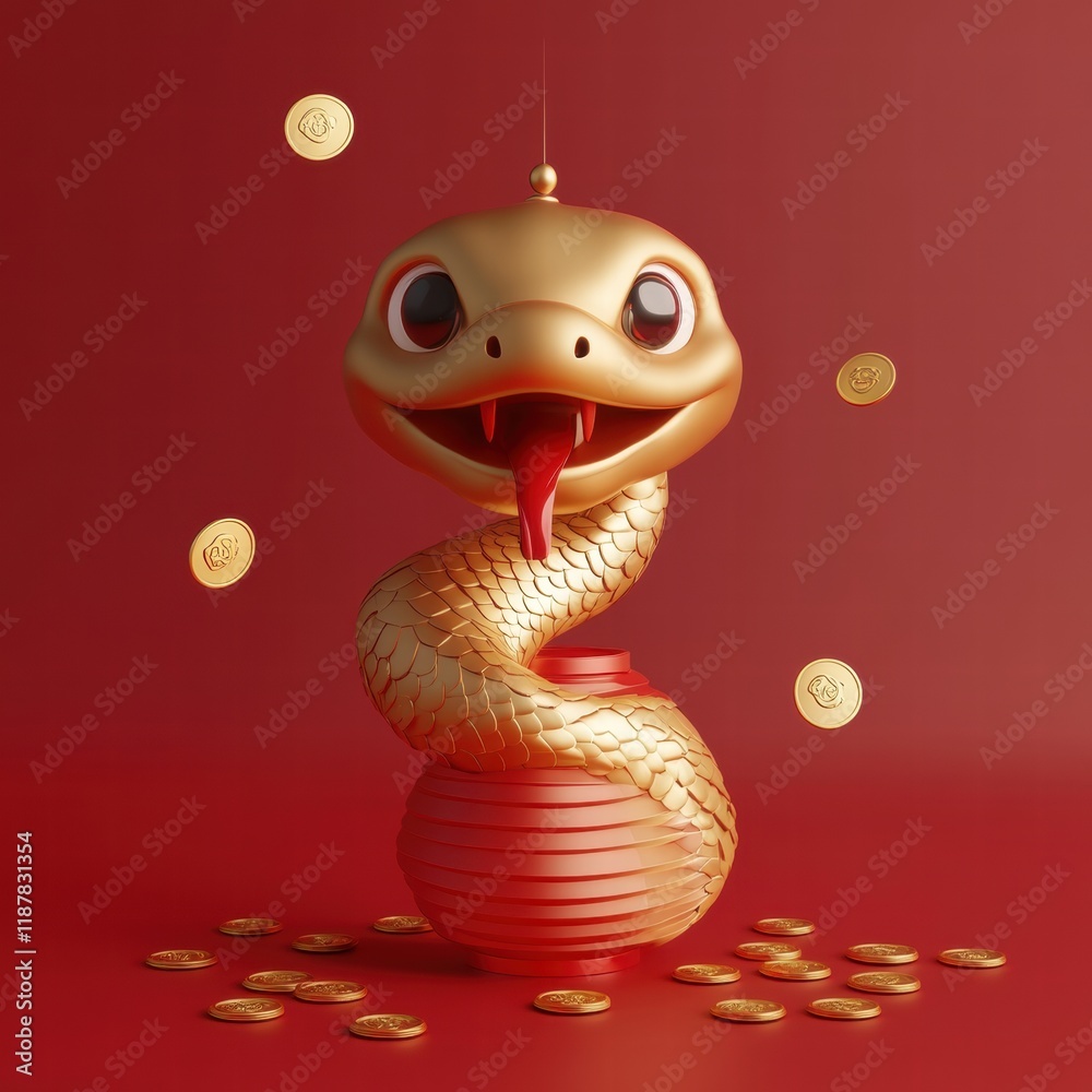 Fototapeta premium Embracing Festivity Golden Snake and Red Lantern for Chinese New Year Celebration