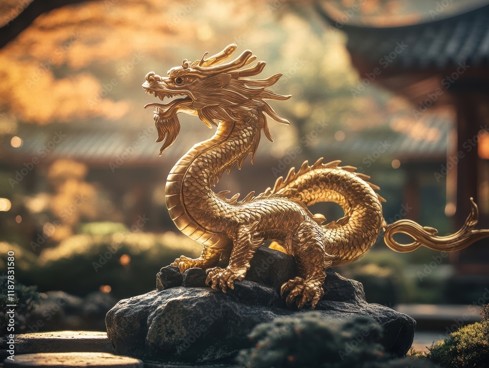Obraz premium Celebrating Chinese New Year Antique Golden Dragon Figure with Wisdom Pearl Detail Serene Garden Setting Cultural Artifact for Prosperity