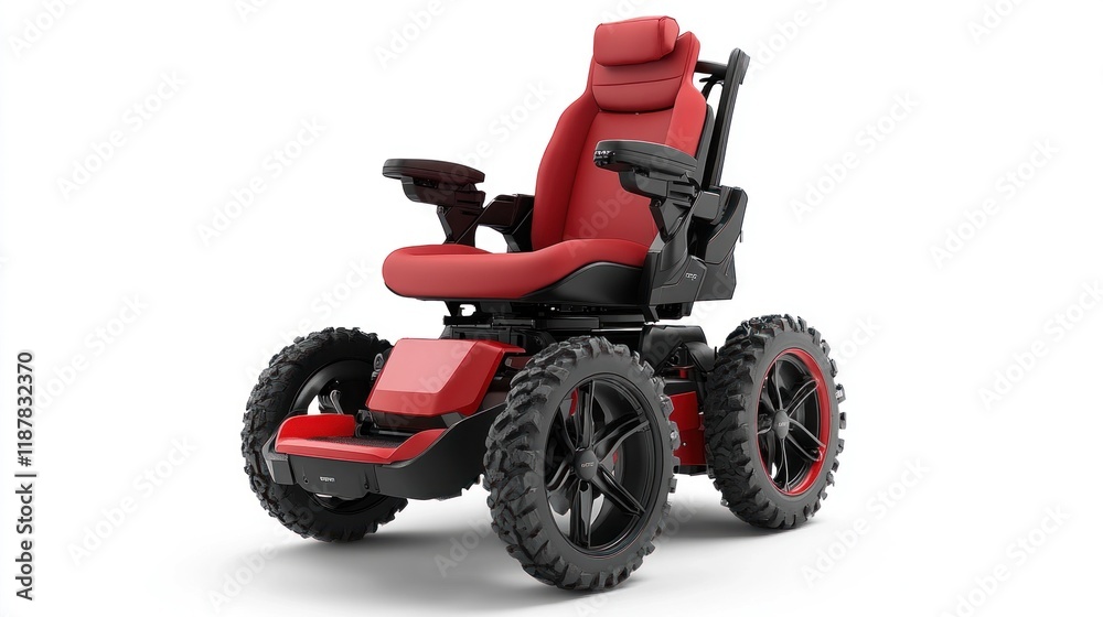 Front-facing electric wheelchair in a striking red color, featuring ergonomic handles and a modern design, showcased on a crisp white backdrop Front-facing electric wheelchair in a striking red color, featuring ergonomic handles and a modern design, showcased on a crisp white backdrop