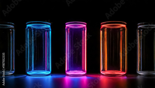 colorful neon transparent tin, black background