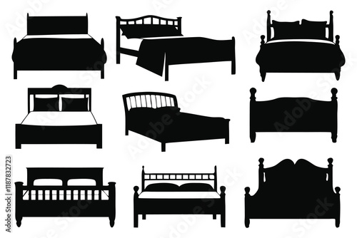 Bed silhouettes set isolated flat vector illustration on white background