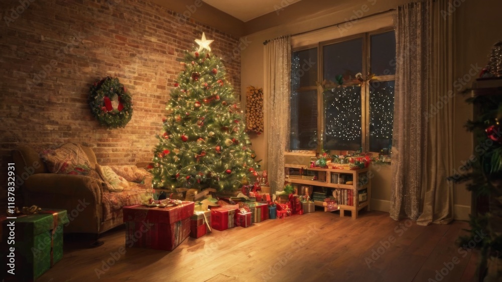 Cozy Christmas Living Room with Tree and Gifts, Festive Decorations, String Lights, and Warm Atmosphere Cozy Christmas Living Room with Tree and Gifts, Festive Decorations, String Lights, and Warm Atmosphere
