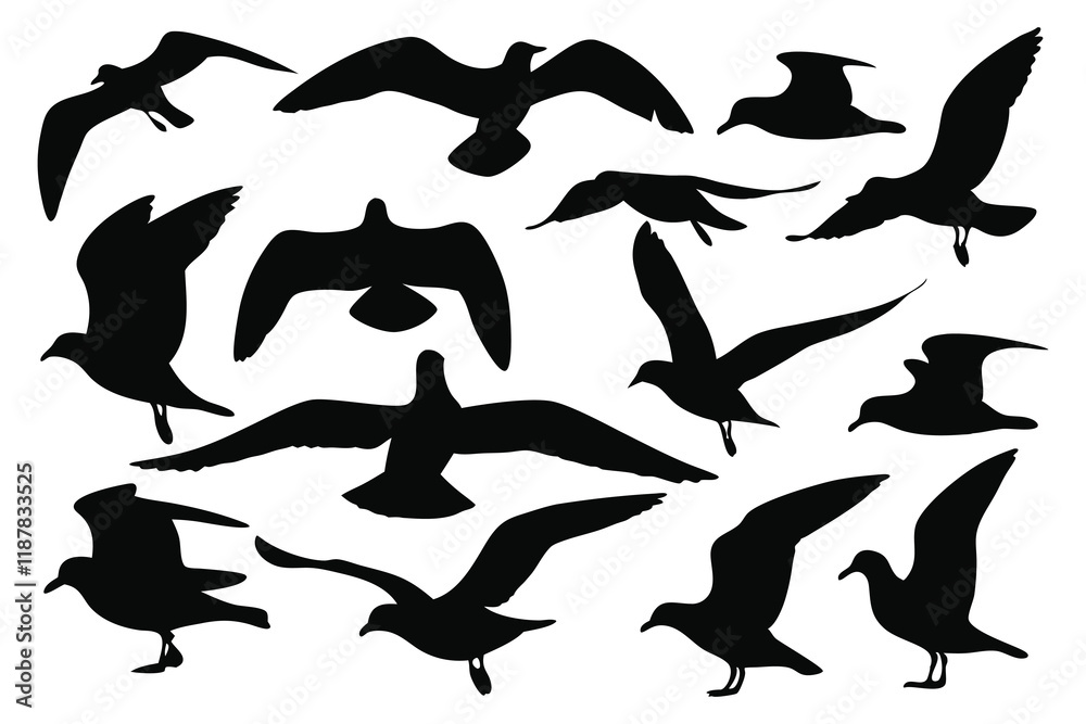 Eighting gull silhouettes set isolated flat vector illustration on white background. Eighting gull silhouettes set isolated flat vector illustration on white background.