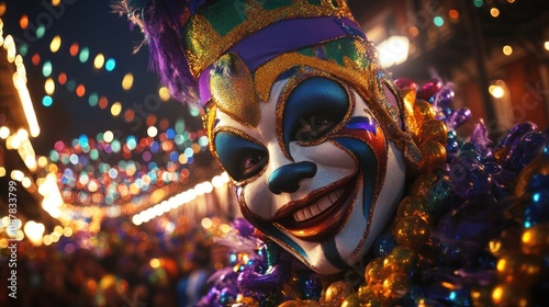 Festive and lively carnival featuring a parade of colorfully costumed clowns and vibrant mask wearing revelers on a city street at night