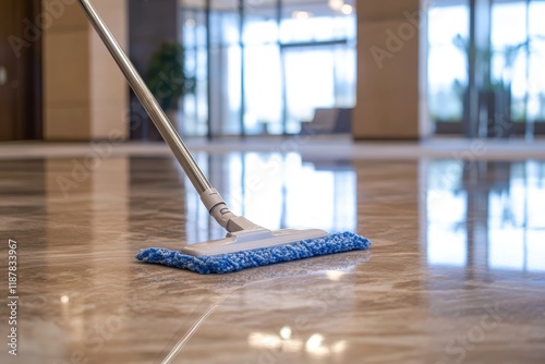 Blue mop cleaning shiny marble floor in modern office lobby interior