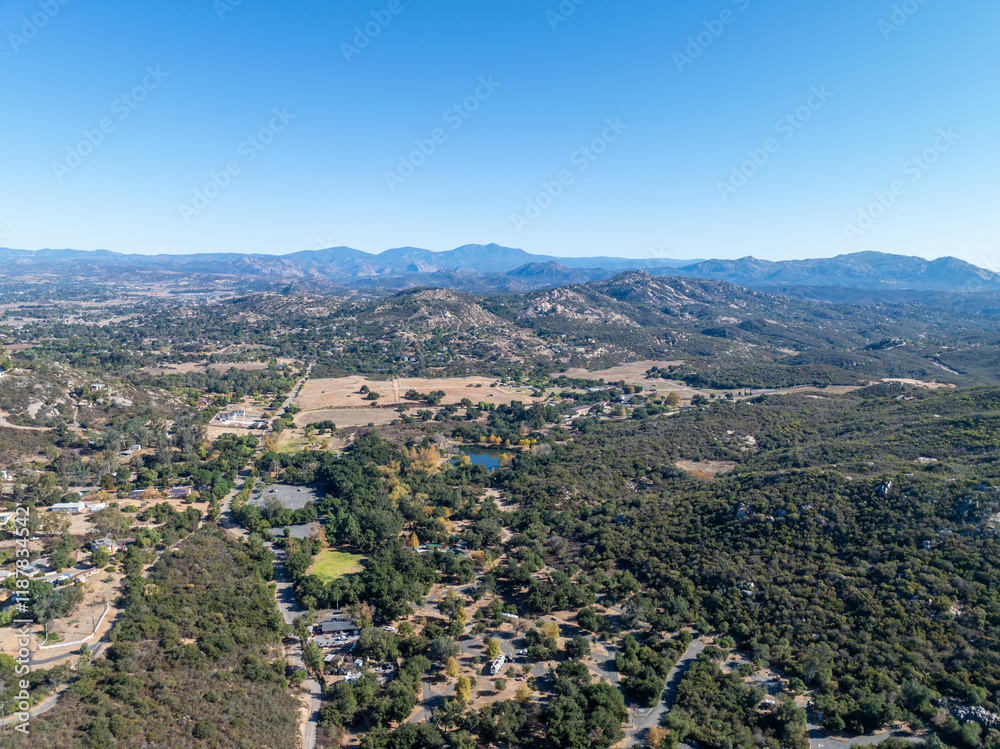 Obraz premium Aerial view of Campsites in the valley of Dos Picos County Park in Ramona, South California, USA