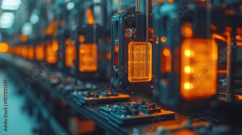 Futuristic Industrial Scene Featuring Rows of LED Work Lights Illuminating an Assembly Line in a Modern Manufacturing Facility photo