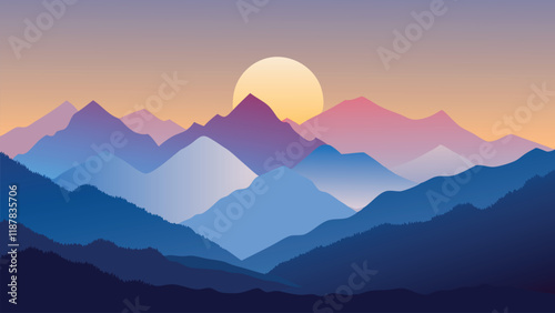 Sunrise over misty mountains, showcasing the beauty of nature with fog enveloping the peaks nature flat vector illustration