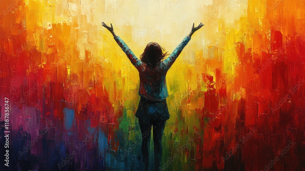 Fototapeta premium Woman with raised arms amidst vibrant cityscape, celebrating freedom and joy.