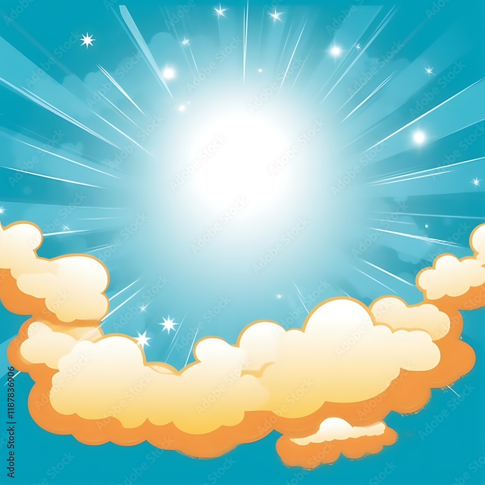 Fototapeta premium Bright Sun Shining Through Fluffy Clouds In A Blue Sky