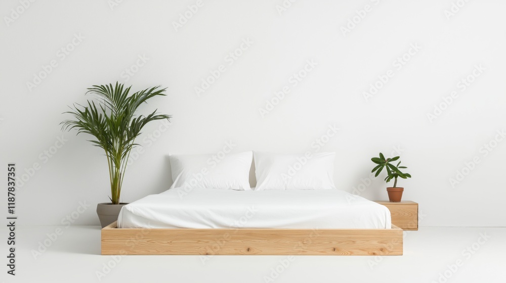 Minimalist bedroom with platform bed and crisp white linens for modern design Minimalist bedroom with platform bed and crisp white linens for modern design