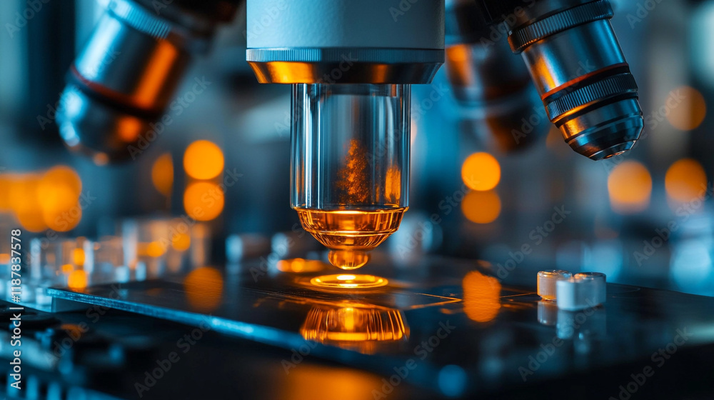 Magnification of sample under microscope reveals intricate details at a laboratory Magnification of sample under microscope reveals intricate details at a laboratory