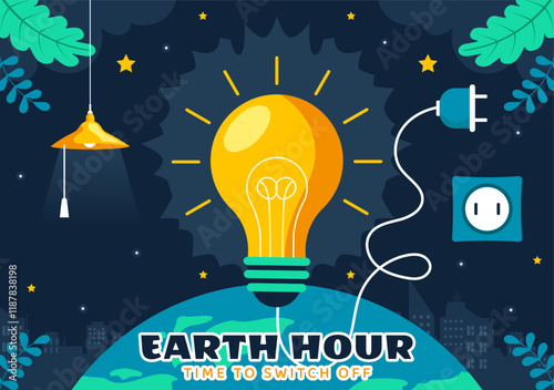 Happy Earth Hour Day Vector Illustration Featuring a Cloud, Light Bulb, World Map, and the Theme of Turning Off Lights in a Flat Cartoon Background