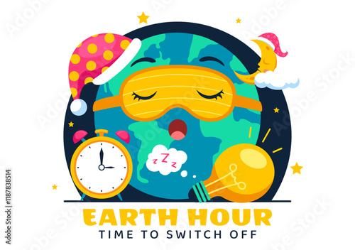 Happy Earth Hour Day Vector Illustration Featuring a Cloud, Light Bulb, World Map, and the Theme of Turning Off Lights in a Flat Cartoon Background