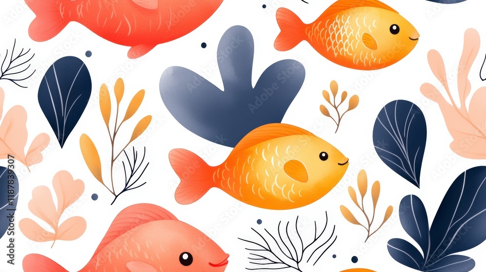 Fototapeta premium Colorful fish swimming among leaves and floral elements in playful underwater scene illustration