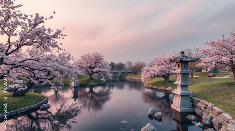 Naklejka premium Serene Sakura Trees Reflecting in Calm Water at Dusk