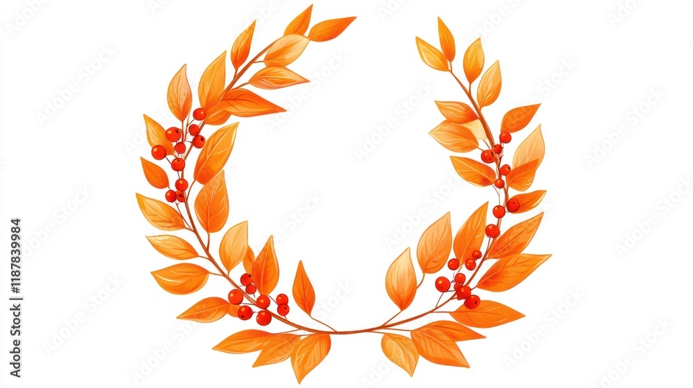 Autumn leaves wreath, berries, white background, fall design, seasonal Autumn leaves wreath, berries, white background, fall design, seasonal