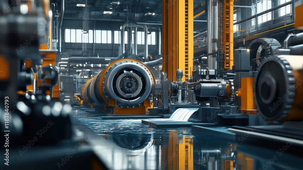 Fototapeta premium Modern hydropower plant production line, featuring polished machinery, generators, and flowing water systems for sustainable energy production