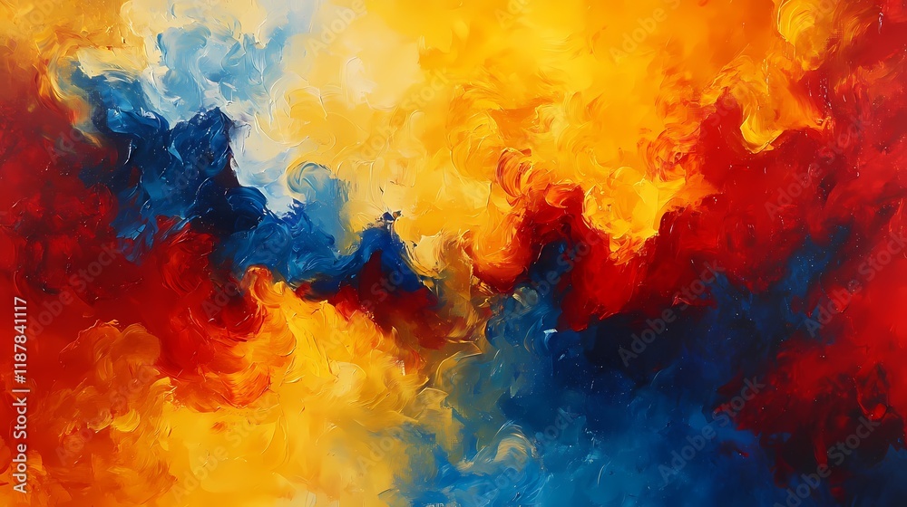Vibrant Abstract Painting with Bold Colors and Dynamic Brushstrokes Representing Emotion and Energy in Deep Blue, Fiery Red, and Bright Yellow Hues Vibrant Abstract Painting with Bold Colors and Dynamic Brushstrokes Representing Emotion and Energy in Deep Blue, Fiery Red, and Bright Yellow Hues