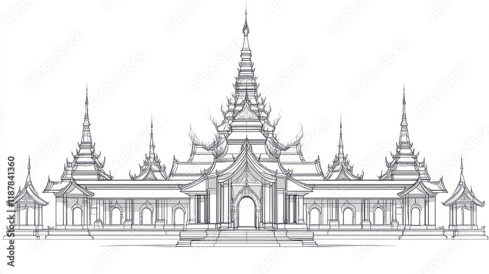 Naklejka premium Myanmar pagoda architecture group illustrated in black and white with clean, soft lines, plain white background, and a simple decorative style