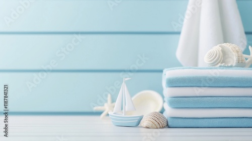 Nautical themed bathroom decor with blue and white stripes for coastal design