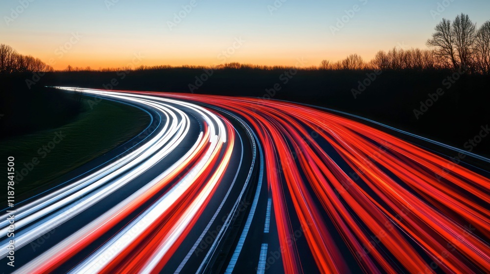 Naklejka premium A dim road stretches beneath a starry sky, where streaks of light and shadow dance, tracing endless lines through the dark