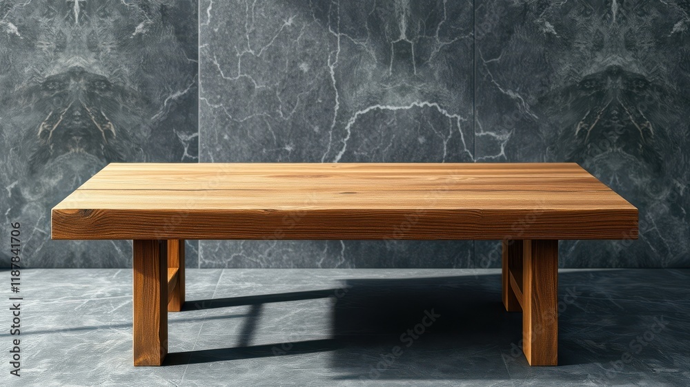 A simple wooden table with a light brown finish sits in front of a dark grey stone wall with white veins A simple wooden table with a light brown finish sits in front of a dark grey stone wall with white veins