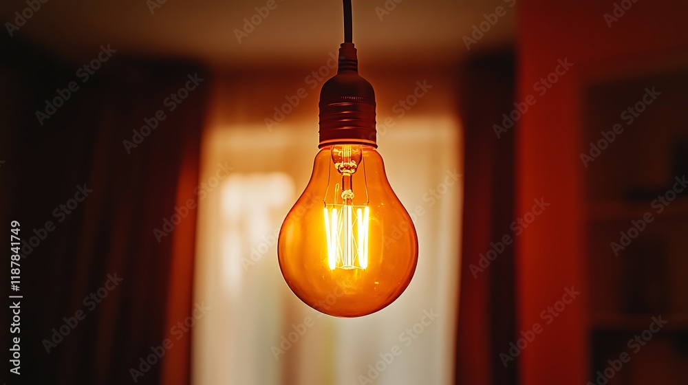 Glowing Amber Lightbulb Hanging Indoors Glowing Amber Lightbulb Hanging Indoors