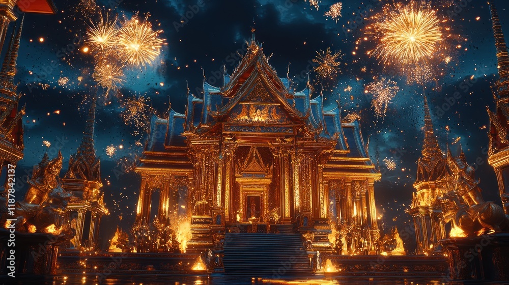Fototapeta premium Ornate Thai temple stage glowing with gold and blue accents, framed by a vivid night sky filled with fireworks in a spectacular 8K scene