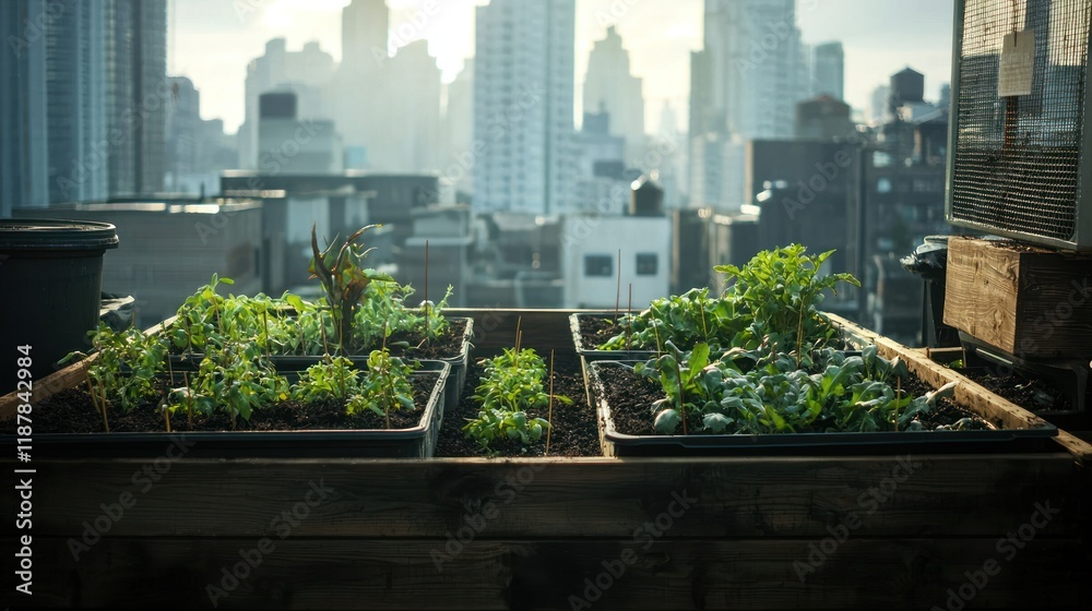 Fototapeta premium Rooftop garden with young plants in city.