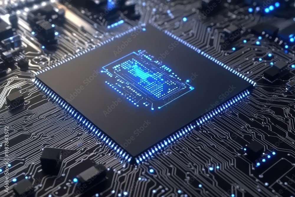 Futuristic Close-Up of a Microchip with Glowing Circuitry on a Dark Background Representing Advanced Technology and Electronic Innovation in Modern Electronics Futuristic Close-Up of a Microchip with Glowing Circuitry on a Dark Background Representing Advanced Technology and Electronic Innovation in Modern Electronics