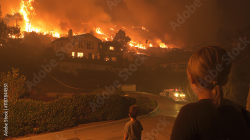 Fire truck and firefighters battle blazes, wildfires, forest fire. natural disaster with mother and her child devastated. Burning flames with smoke development on houses, residential area forest trees photo