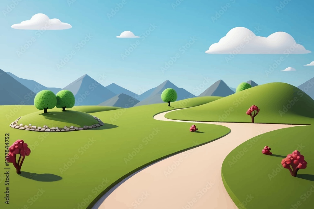 Fototapeta premium Beautiful and Peaceful Nature Scenery Illustration Landscape Countryside Tranquil Vibrant and Colorful