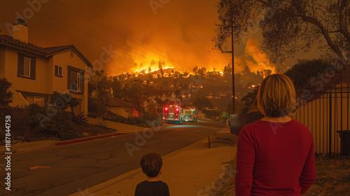 Fire truck and firefighters battle blazes, wildfires, forest fire. natural disaster with mother and her child devastated. Burning flames with smoke development on houses, residential area forest trees