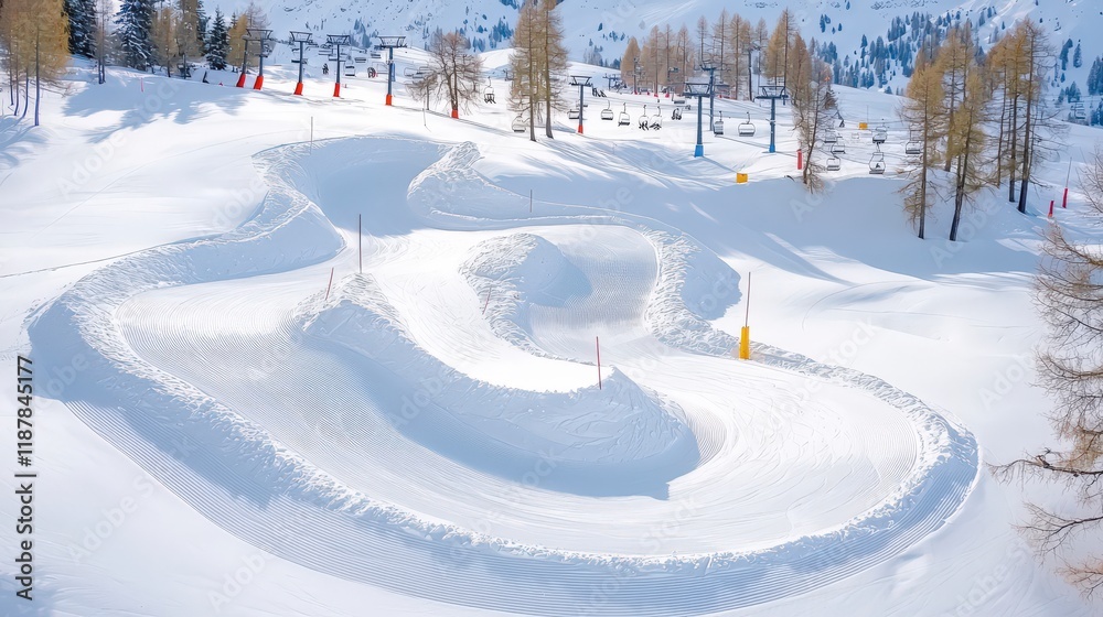 Serene Snowy Landscape with Curved Skiing Track and Ski Lifts in the Background Serene Snowy Landscape with Curved Skiing Track and Ski Lifts in the Background