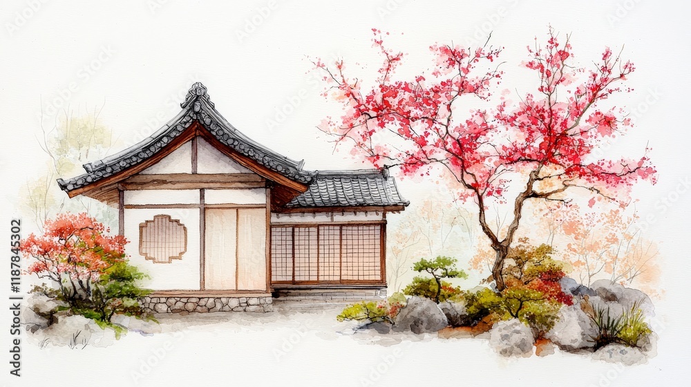 Tranquil Japanese Garden with Cherry Blossom Tree and Traditional Wooden House in Serene Landscape Tranquil Japanese Garden with Cherry Blossom Tree and Traditional Wooden House in Serene Landscape